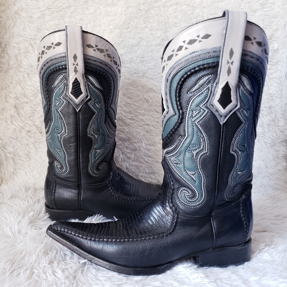 SALE🔥 Black Butterfly Snip Toe Lizard Western Boots Mexican Botas - Picture 6 of 16